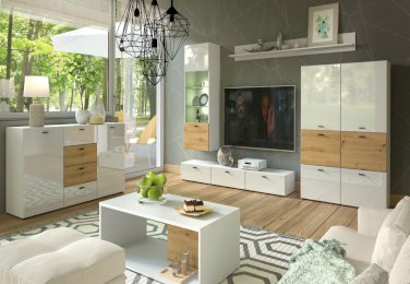 MEBLE DO SALONU MILA BIAŁY POŁYSK + DĄB ARTISAN MAT