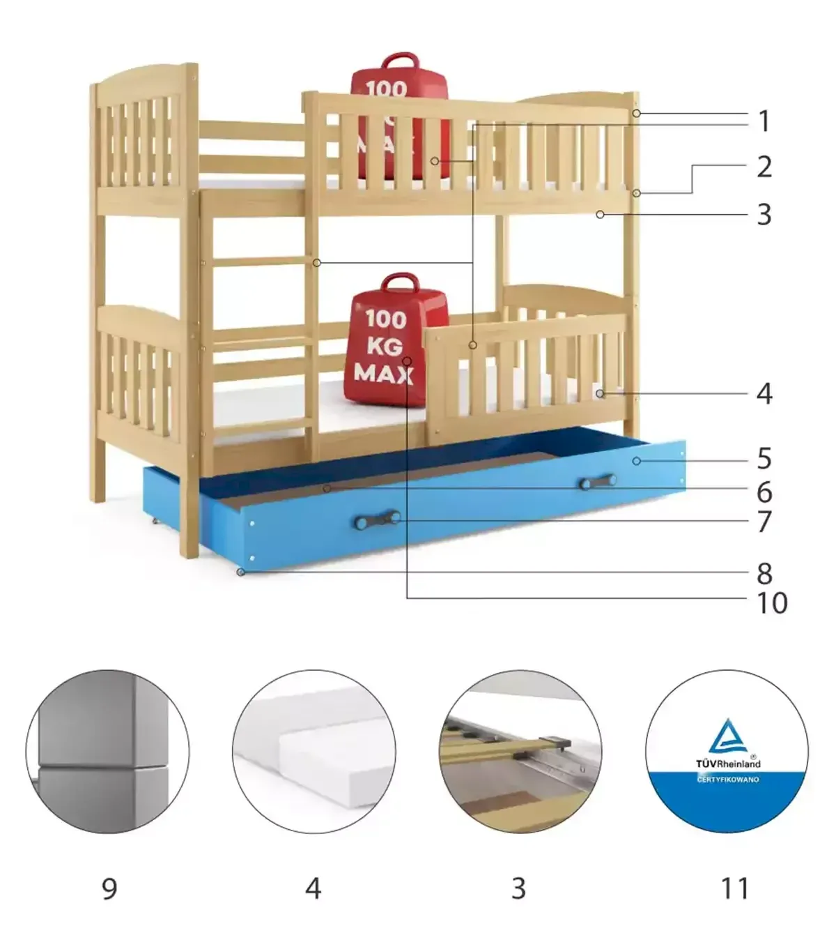 Łóżko Piętrowe Kubuś 90x200 Grafit + Różowy