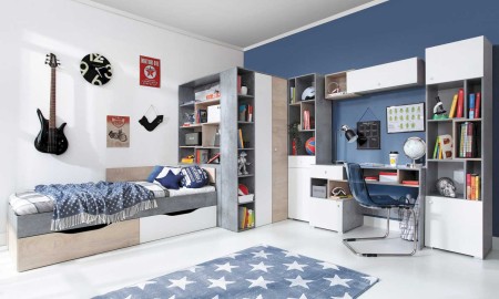 MEBLE MŁODZIEŻOWE SIGMA BETON + BIAŁY LUX + DĄB