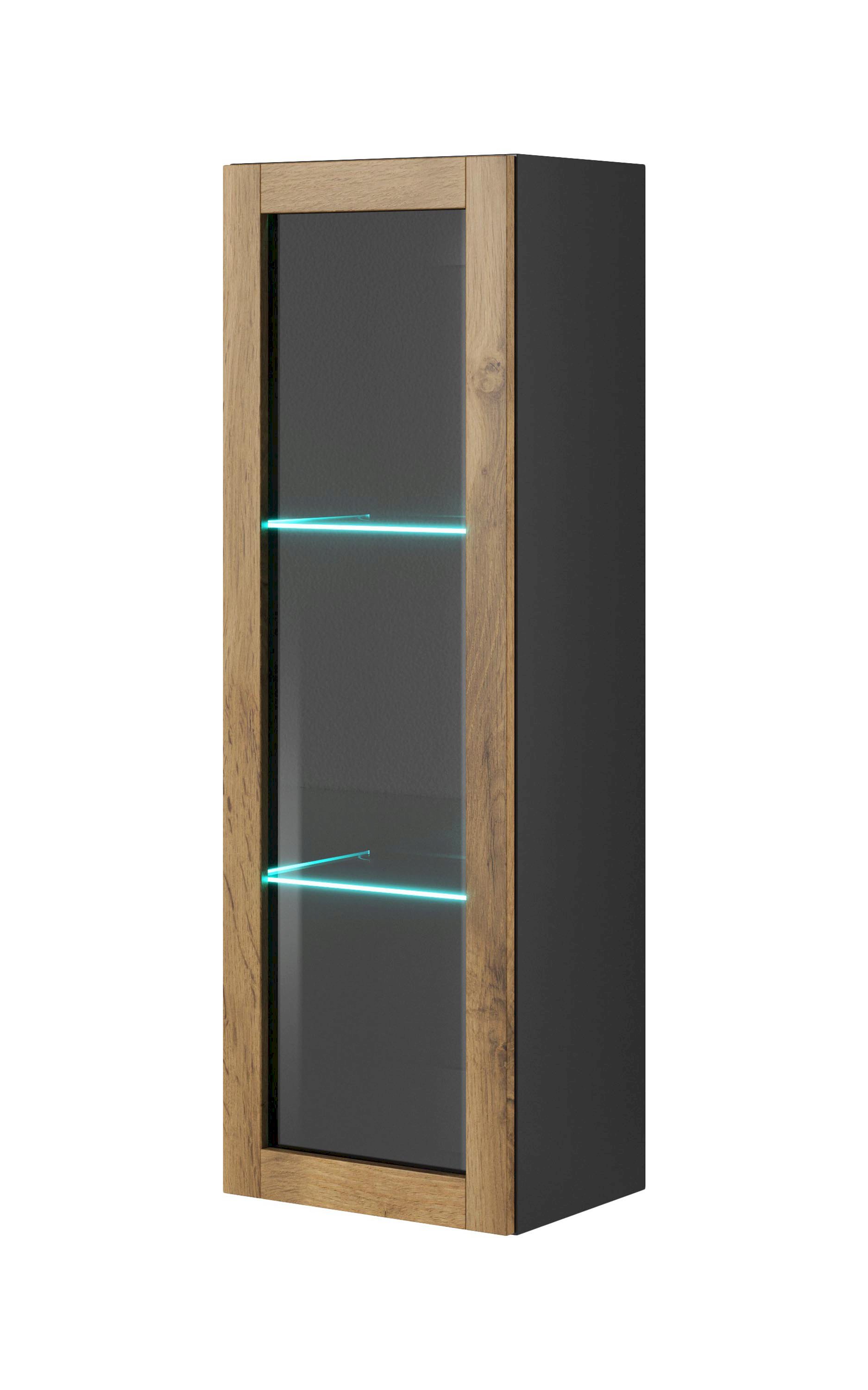 LIVO W120, witryna wisząca korpus antracyt, front dąb votan