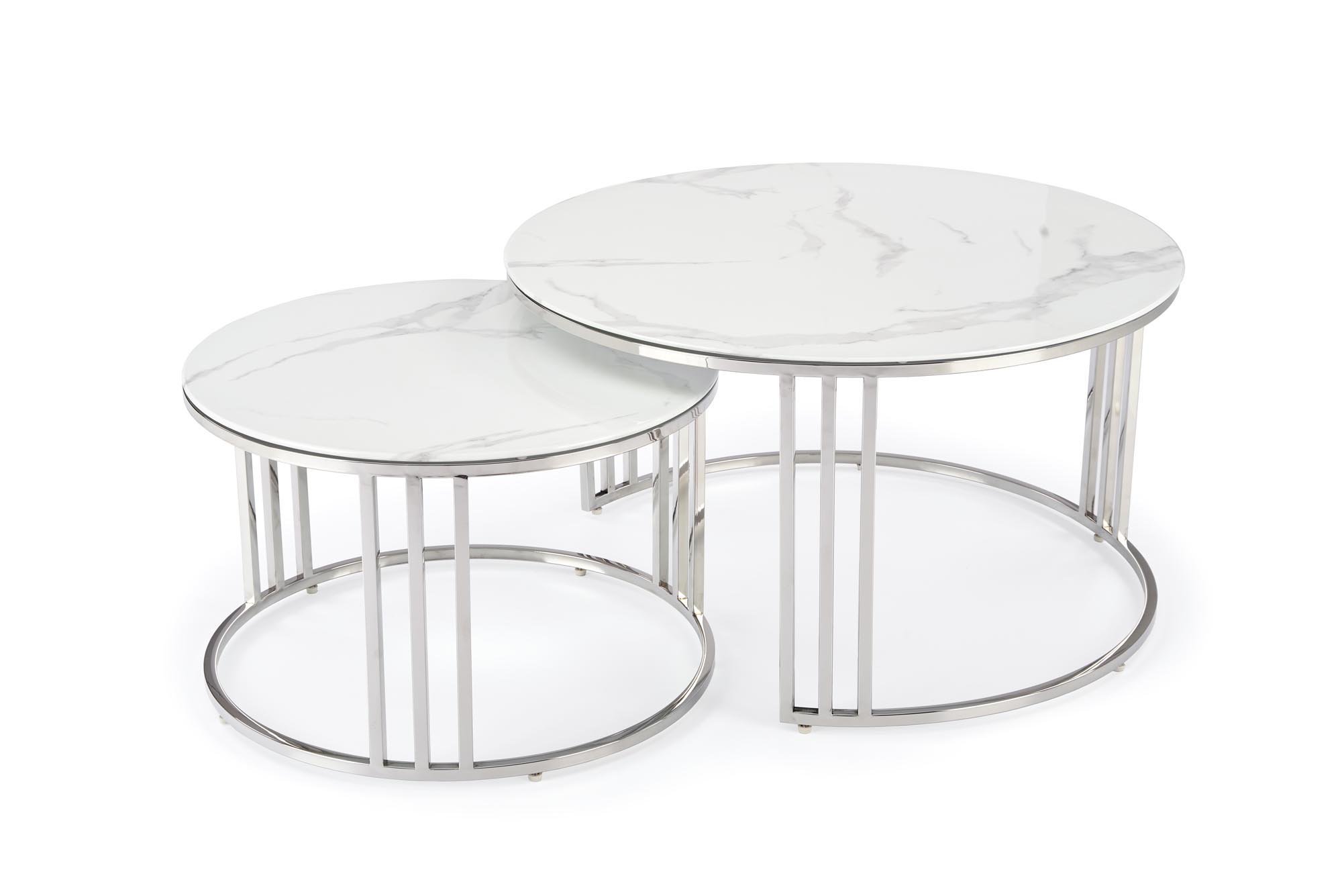 MERCURY 2 zestaw 2 ław, stelaż - srebrny, szkło - biały marmur