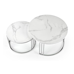 MERCURY 2 zestaw 2 ław, stelaż - srebrny, szkło - biały marmur