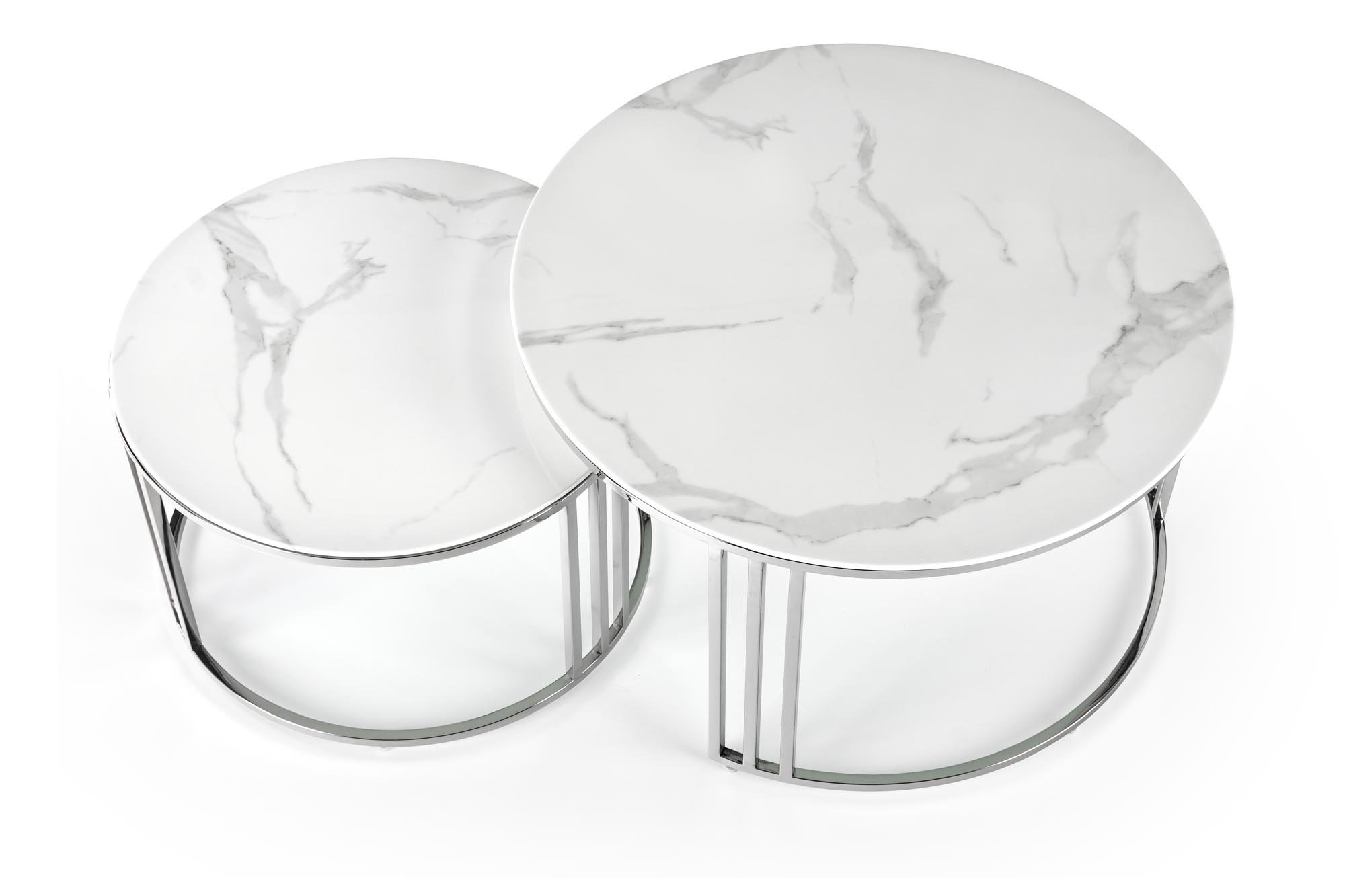 MERCURY 2 zestaw 2 ław, stelaż - srebrny, szkło - biały marmur