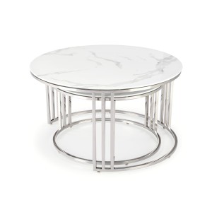 MERCURY 2 zestaw 2 ław, stelaż - srebrny, szkło - biały marmur