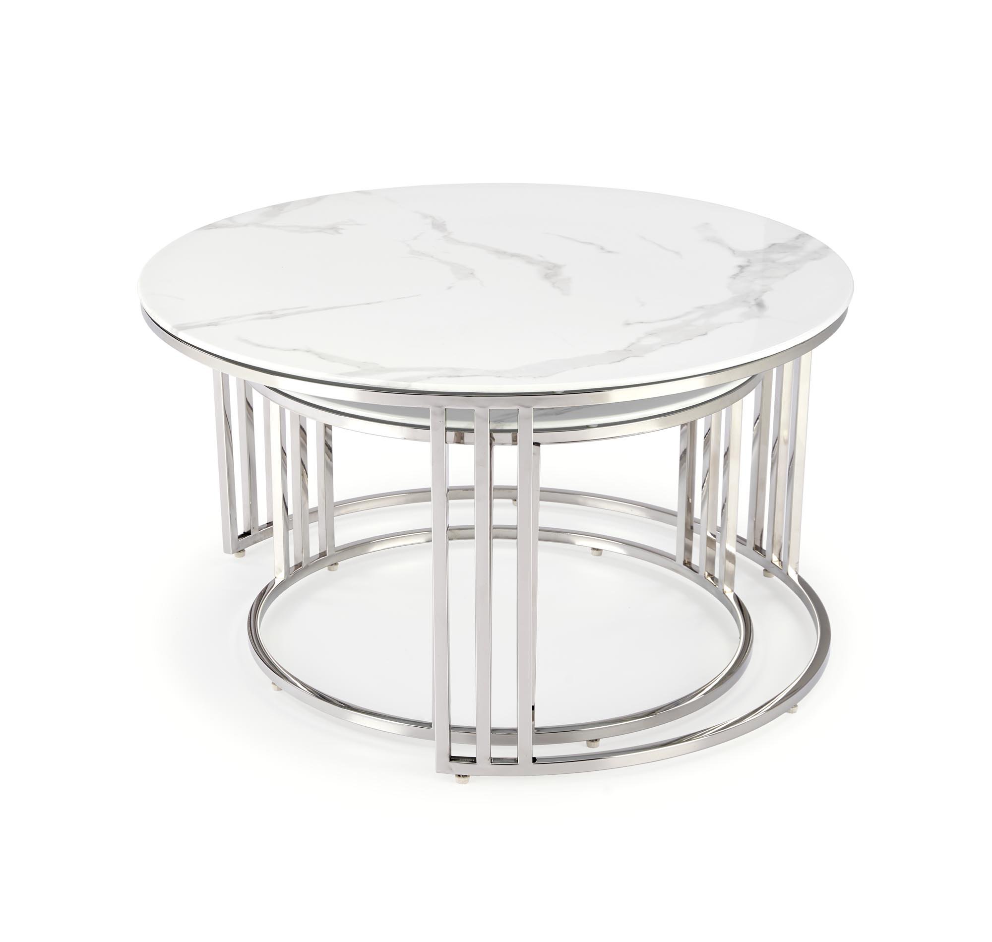 MERCURY 2 zestaw 2 ław, stelaż - srebrny, szkło - biały marmur