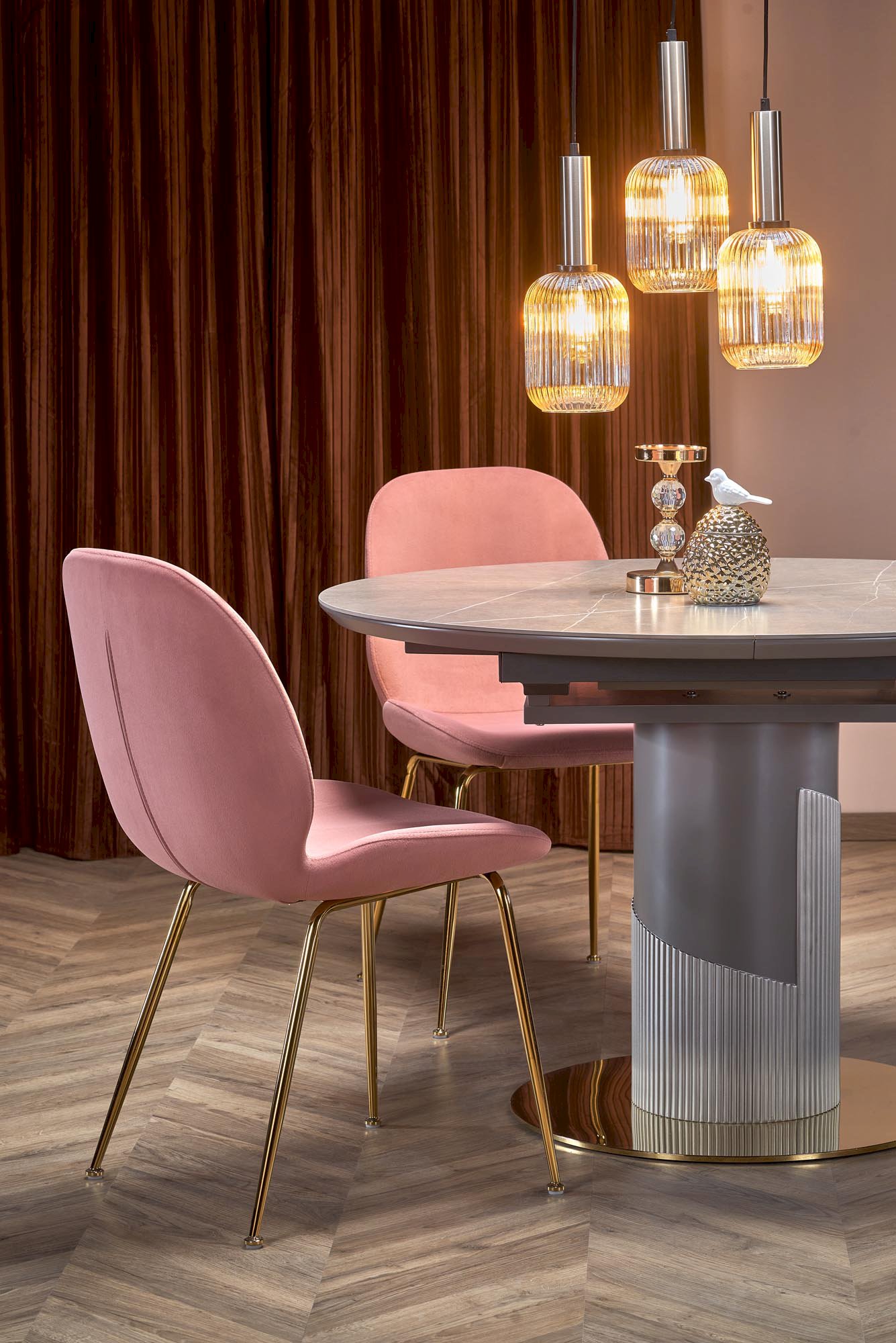 MUSCAT stół rozkładany blat - popielaty marmur, noga - jasny popiel / złoty