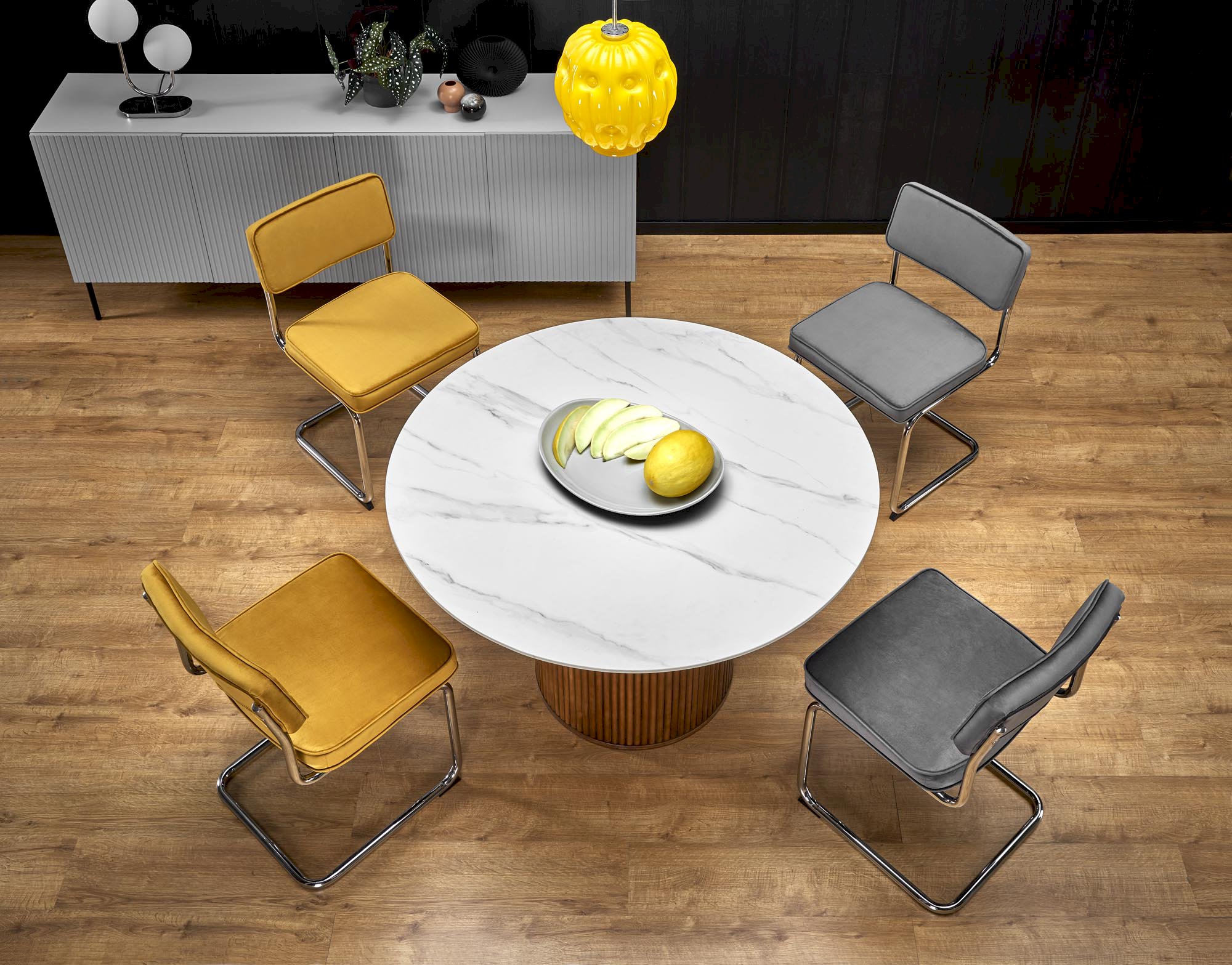 BRUNO stół okrągły, biały marmur / orzechowy