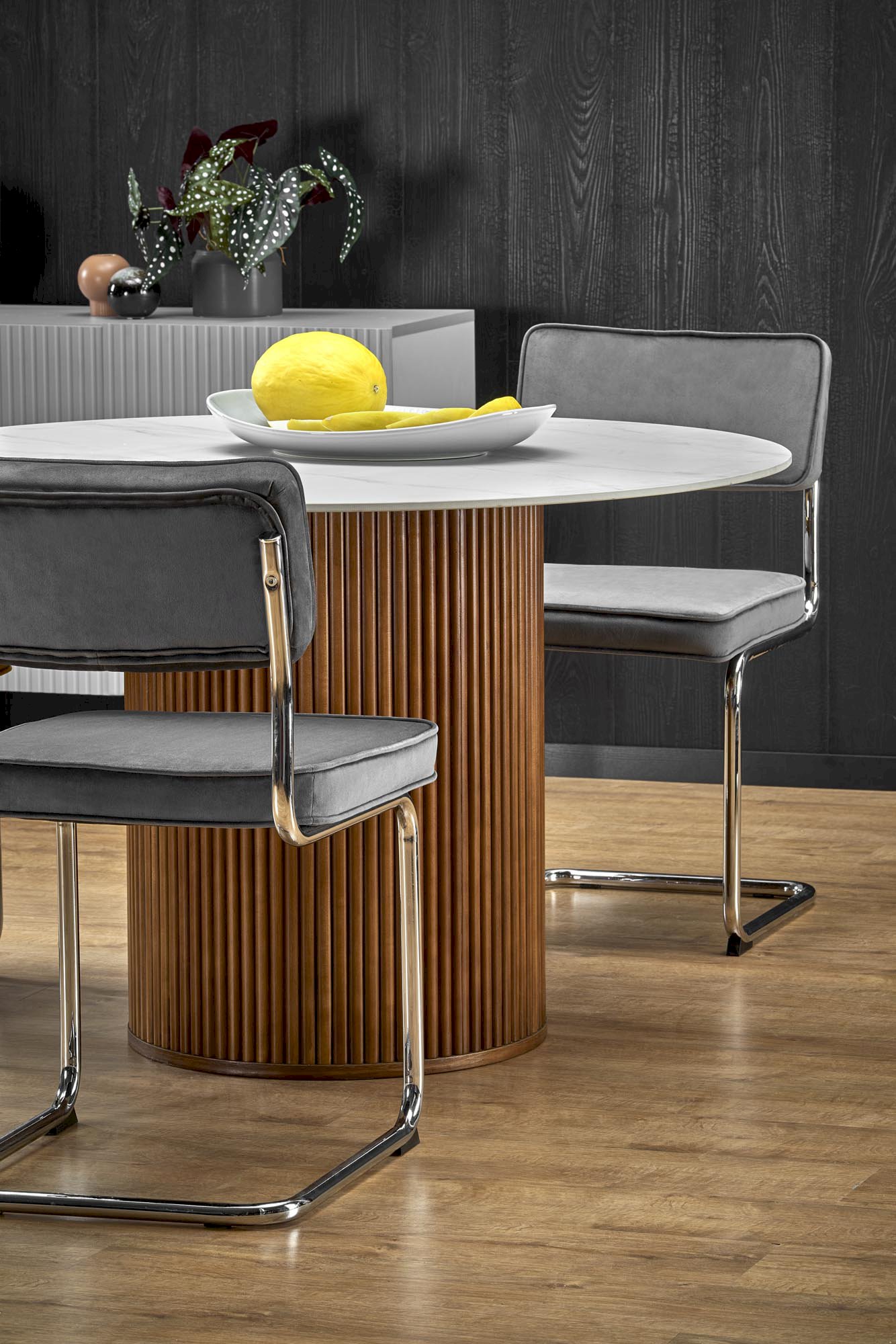 BRUNO stół okrągły, biały marmur / orzechowy