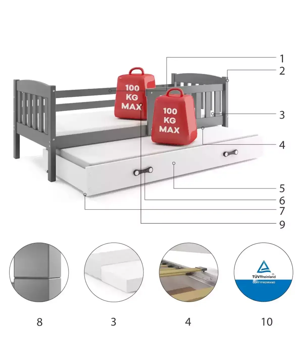 Łóżko Parterowe Kubuś Podwójne z Materacem Sosna + Grafit
