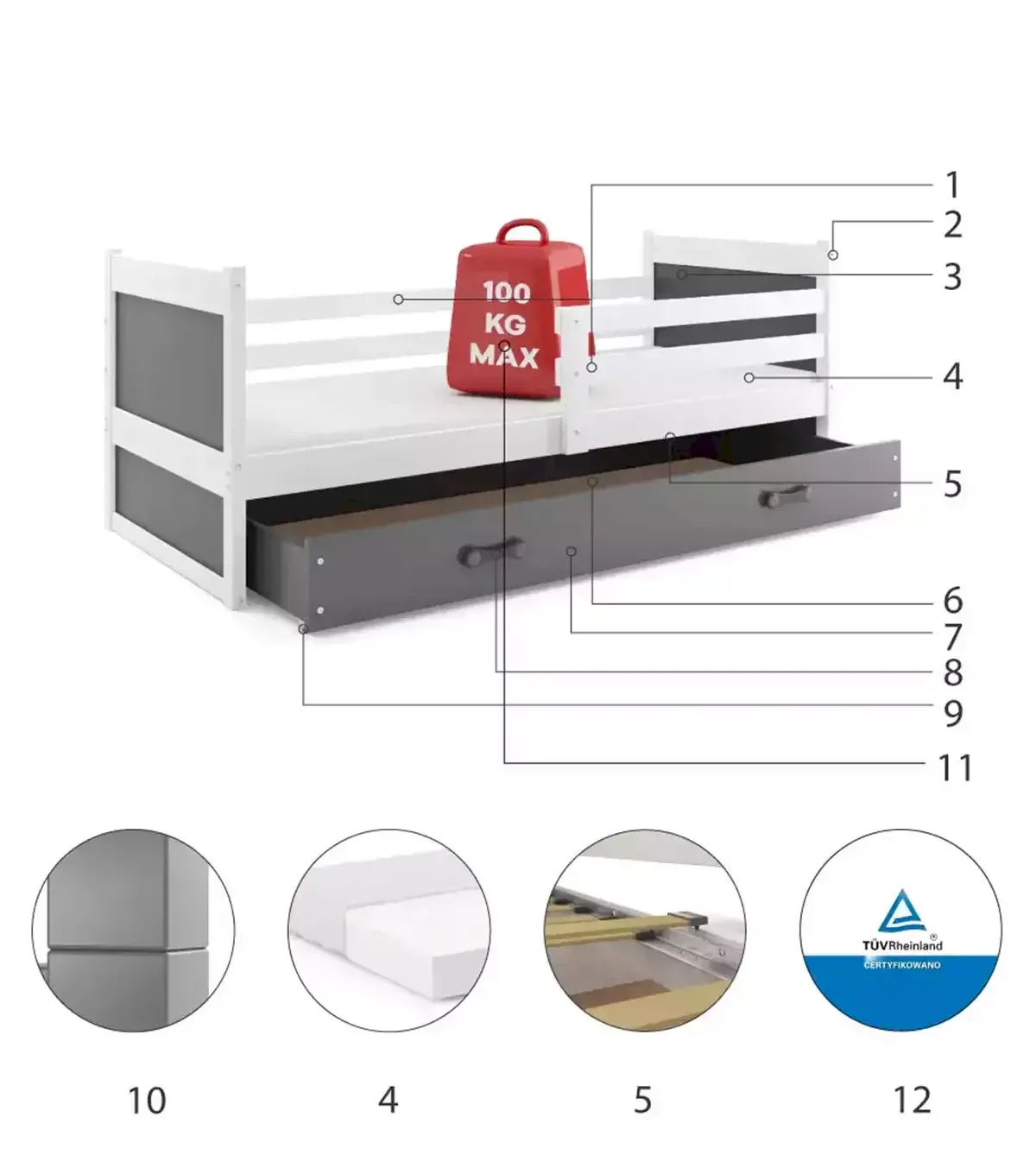 Łóżko Parterowe Rico z Materacem Grafit + Biały