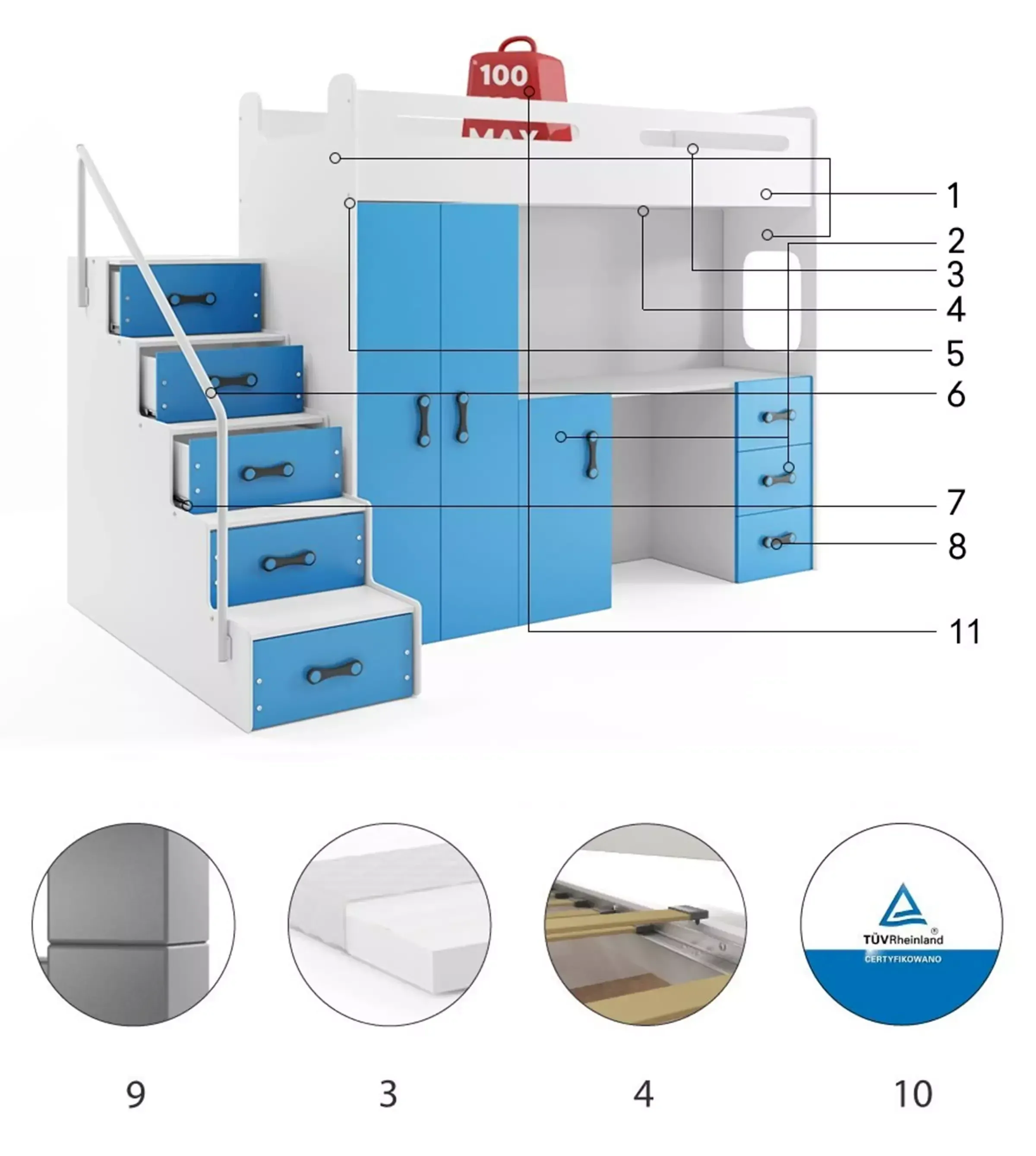 Łóżko piętrowe Max 4 Biały + Niebieski