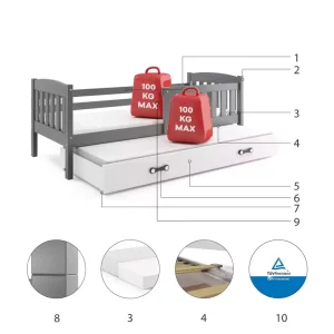 Łóżko Parterowe Kubuś Podwójne z Materacem Biały + Grafit