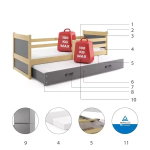 Łóżko Parterowe Rico Podwójne z Materacem Grafit + Biały