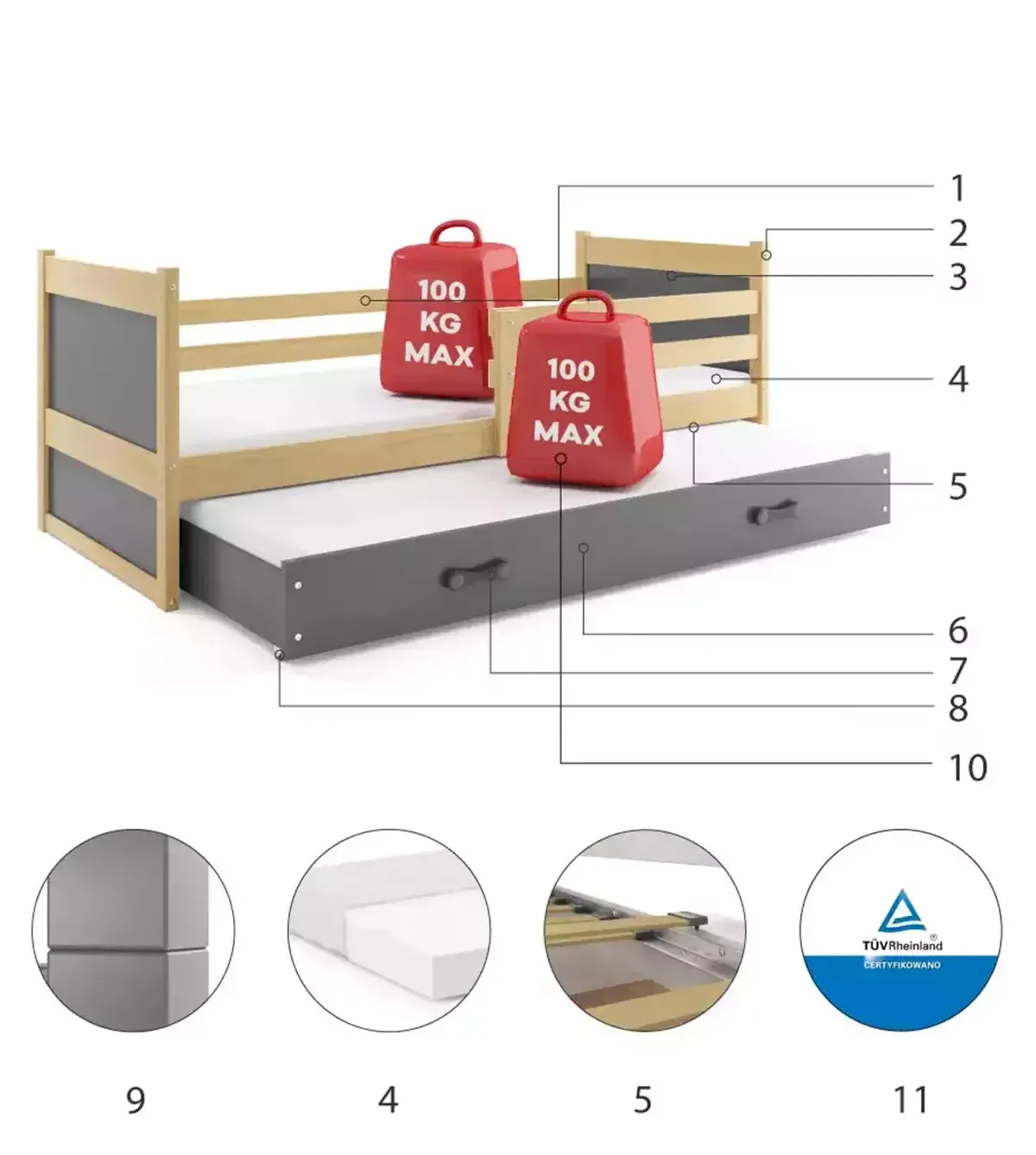 Łóżko Parterowe Rico Podwójne z Materacem Grafitowe