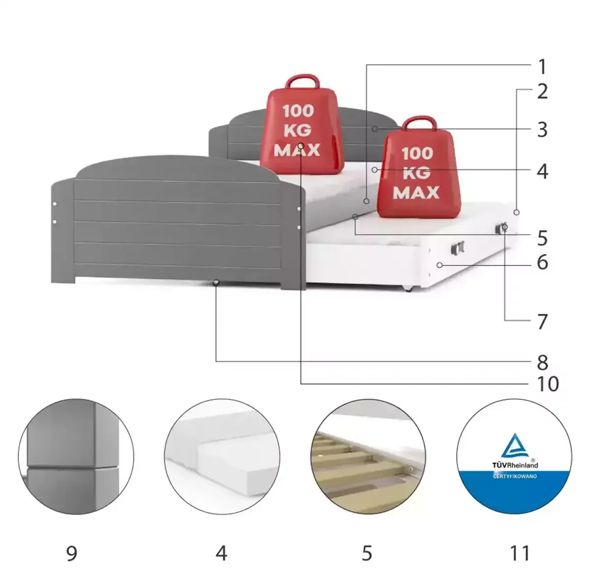 Łóżko Parterowe Podwójne Lili z Materacem Białe