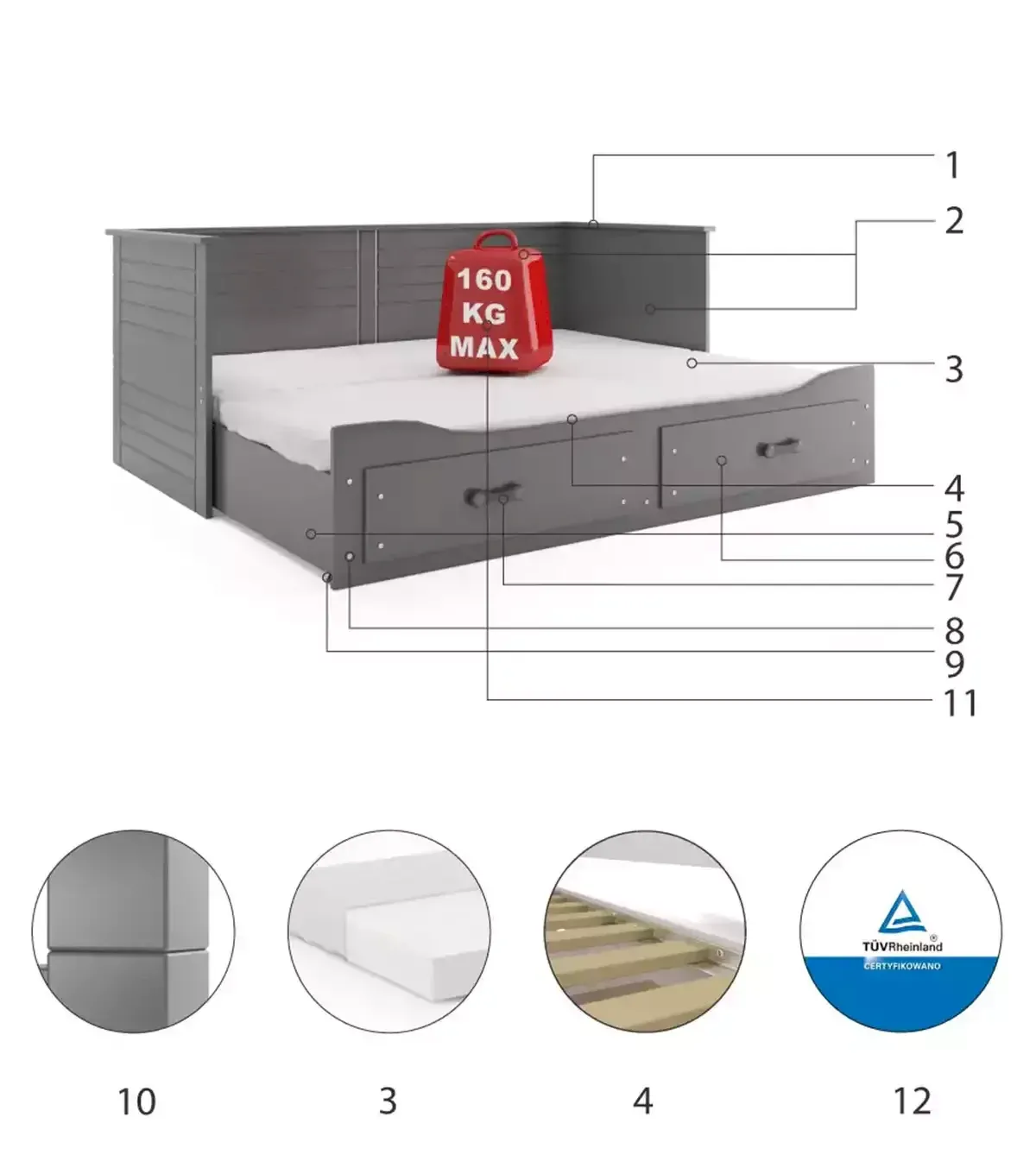 Łóżko Podwójne Hermes Grafit