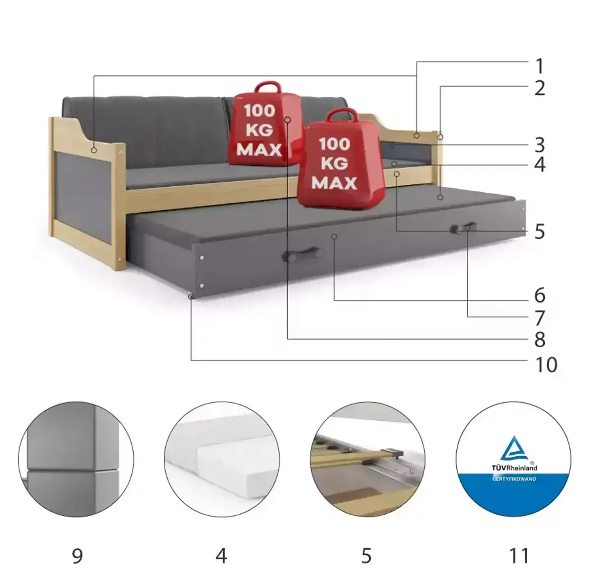 Łóżko Podwójne Dawid Sosna + Niebieski