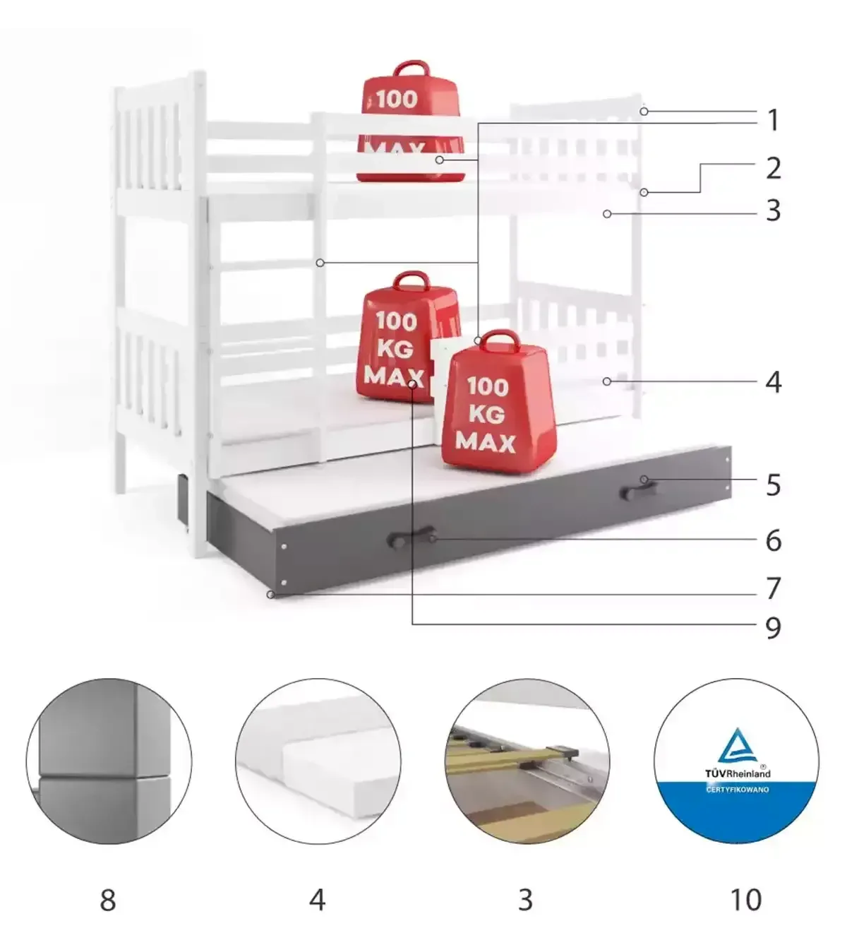 Łóżko Piętrowe Trzyosobowe Rico 80x160 Sosna + Niebieski