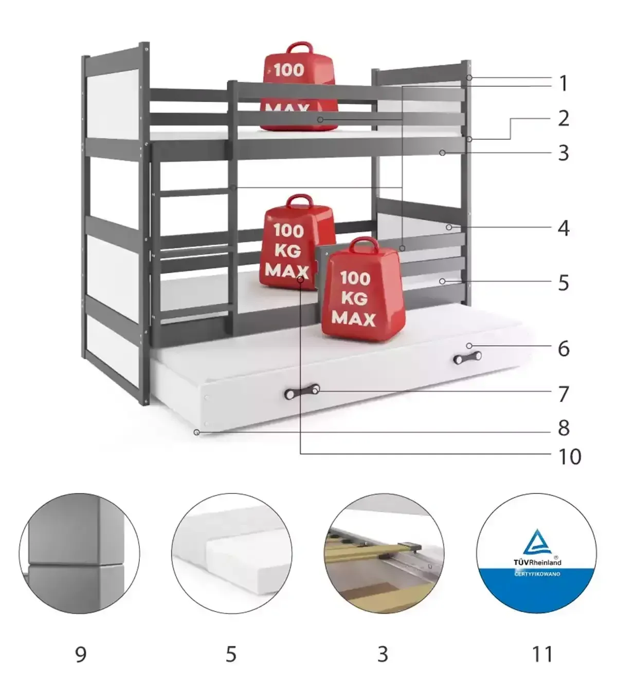 Łóżko Piętrowe Rico 80x160 Sosna + Zielony