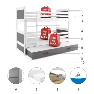 Łóżko Piętrowe Trzyosobowe Rico 80x190 Grafit + Niebieski