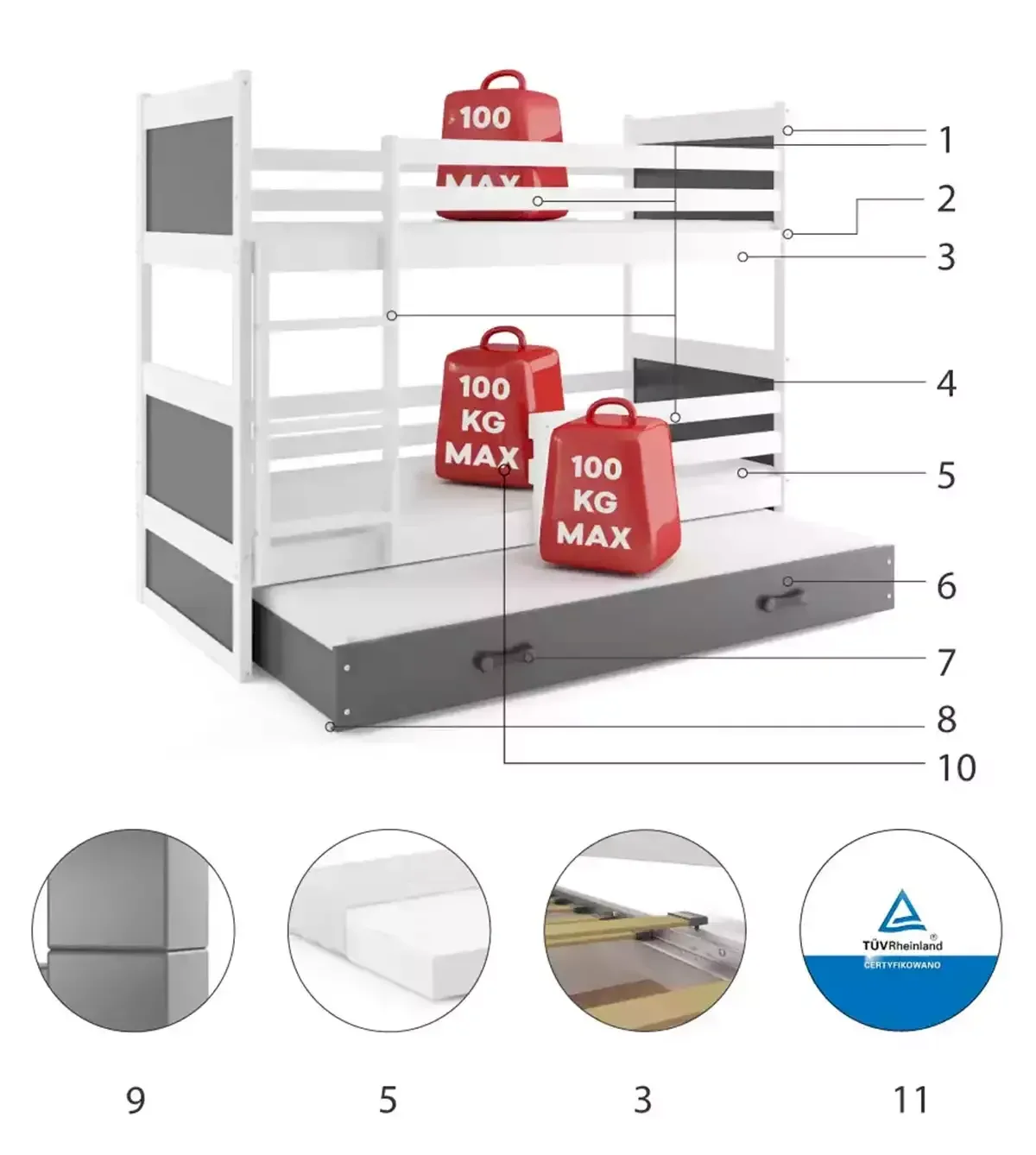 Łóżko Piętrowe Trzyosobowe Rico 80x190 Grafit + Niebieski