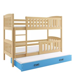 Łóżko Piętrowe Trzyosobowe Kubuś 90x200 Sosna + Niebieski