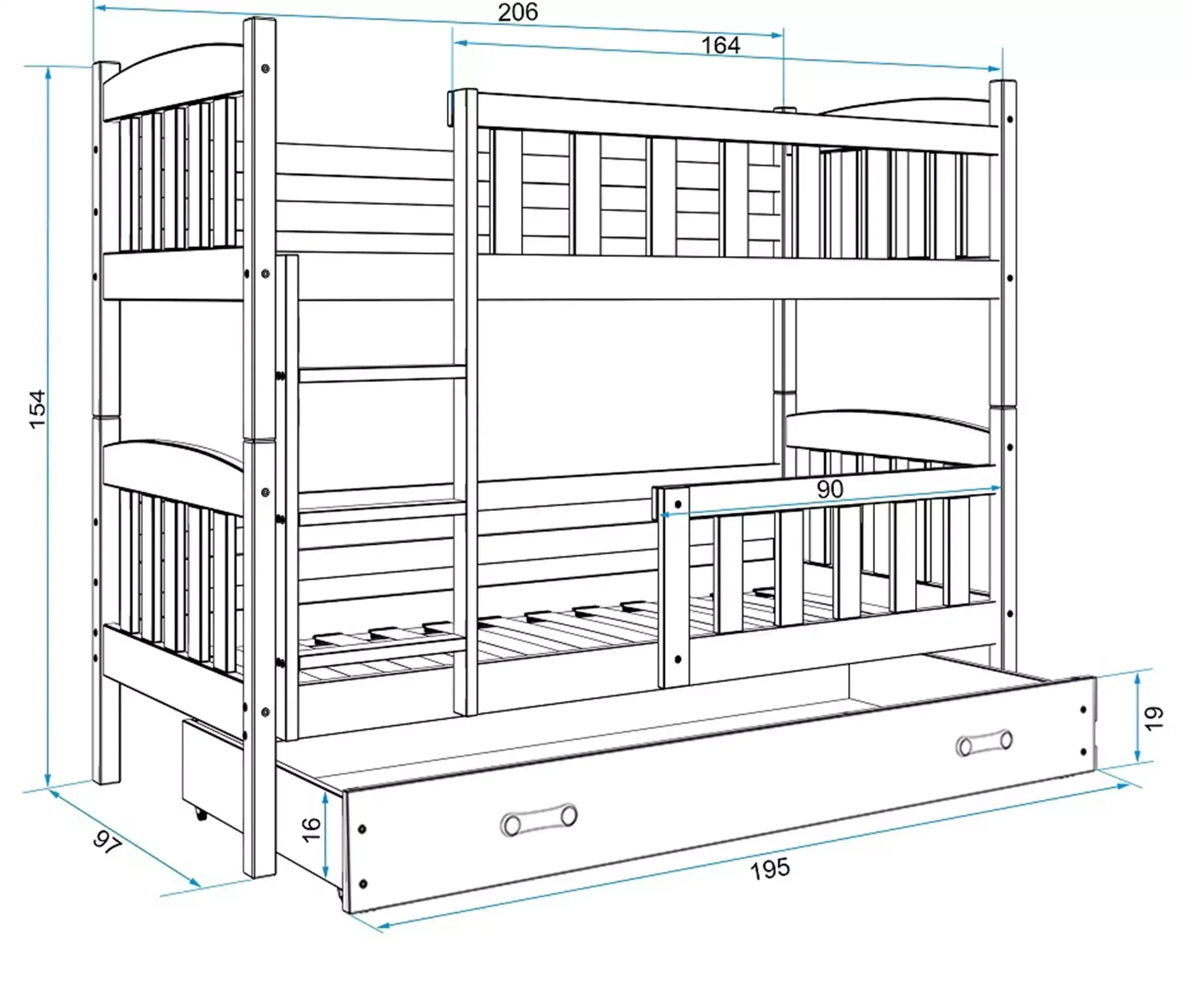 Łóżko Piętrowe Trzyosobowe Kubuś 90x200 Grafit + Biały