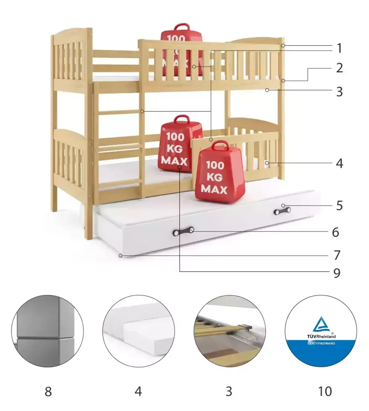 Łóżko Piętrowe Trzyosobowe Kubuś 90x200 Grafit + Niebieski