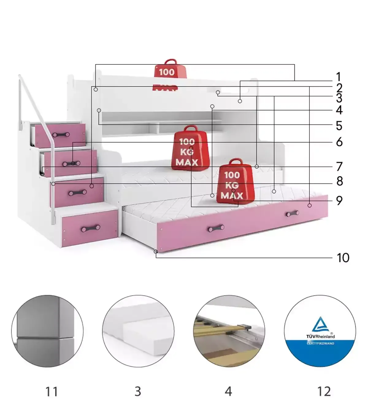 Łóżko piętrowe Max 3 Biały + Zielony