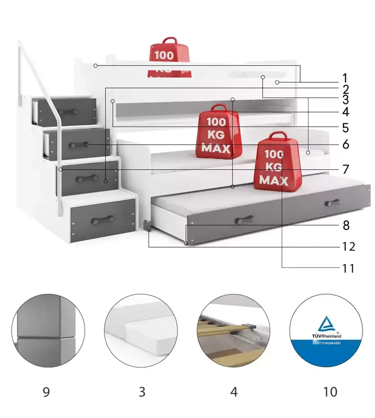 Łóżko piętrowe Max 1 Biały + Zielony