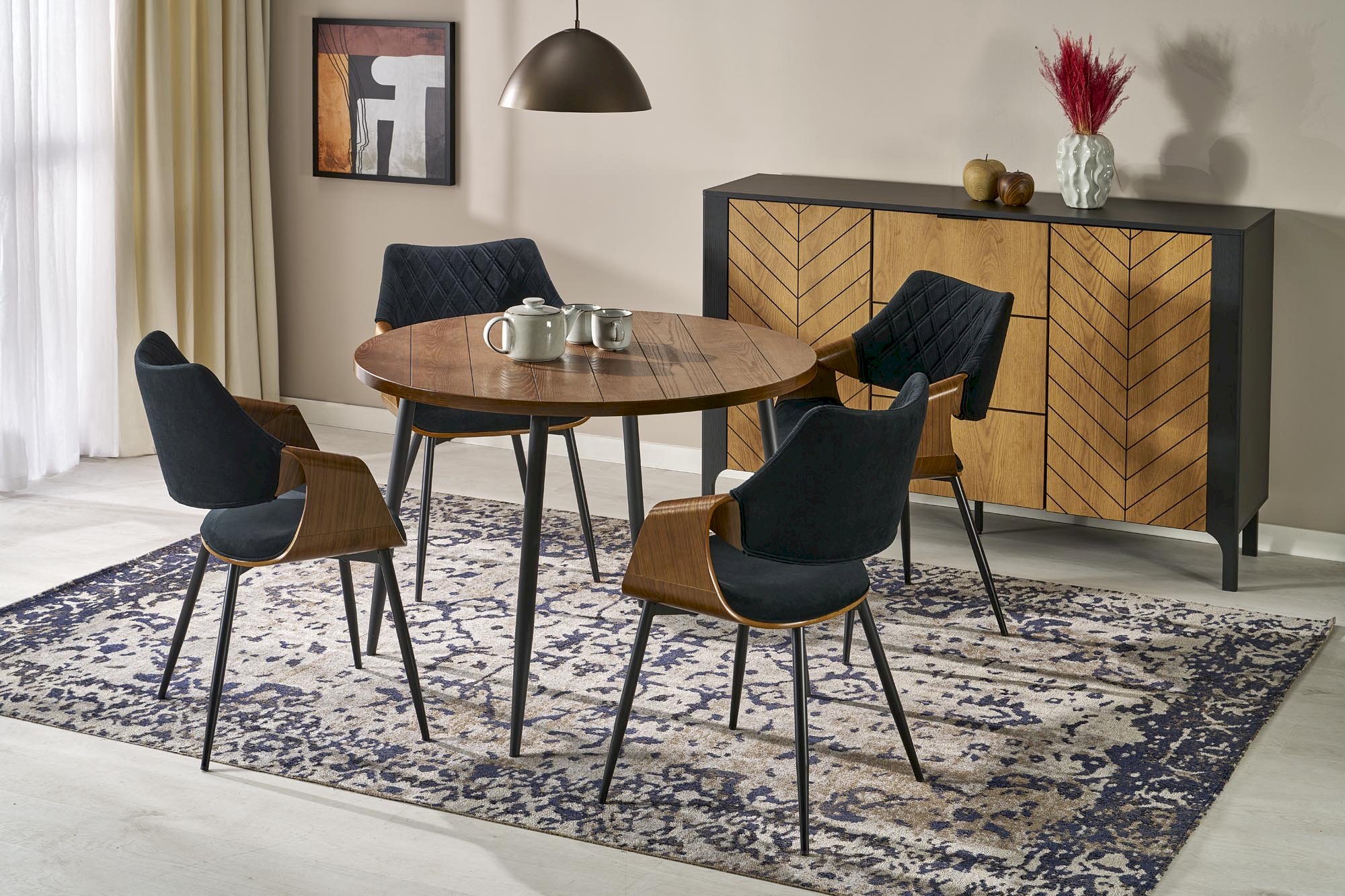 BARRY stół okrągły, blat - orzechowy, nogi - czarny