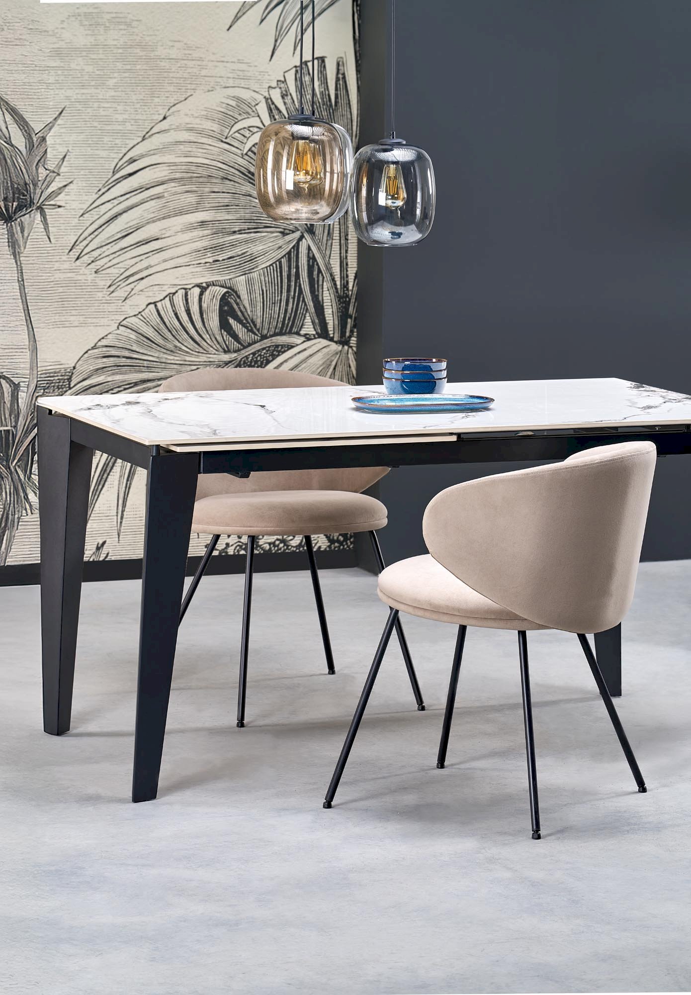 FELIX stół rozkładany, blat - biały marmur, nogi - czarny