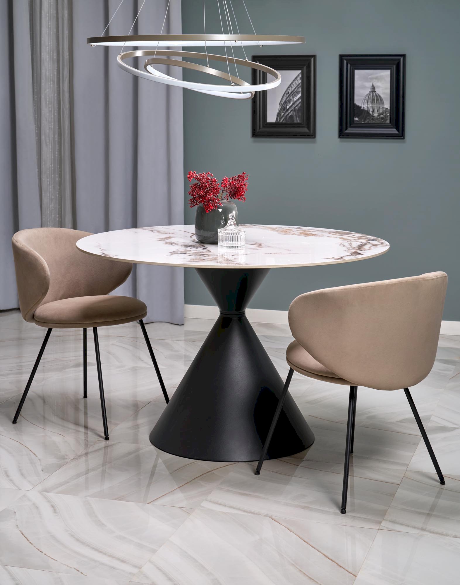 GARET stół okrągły, biały marmur / czarny