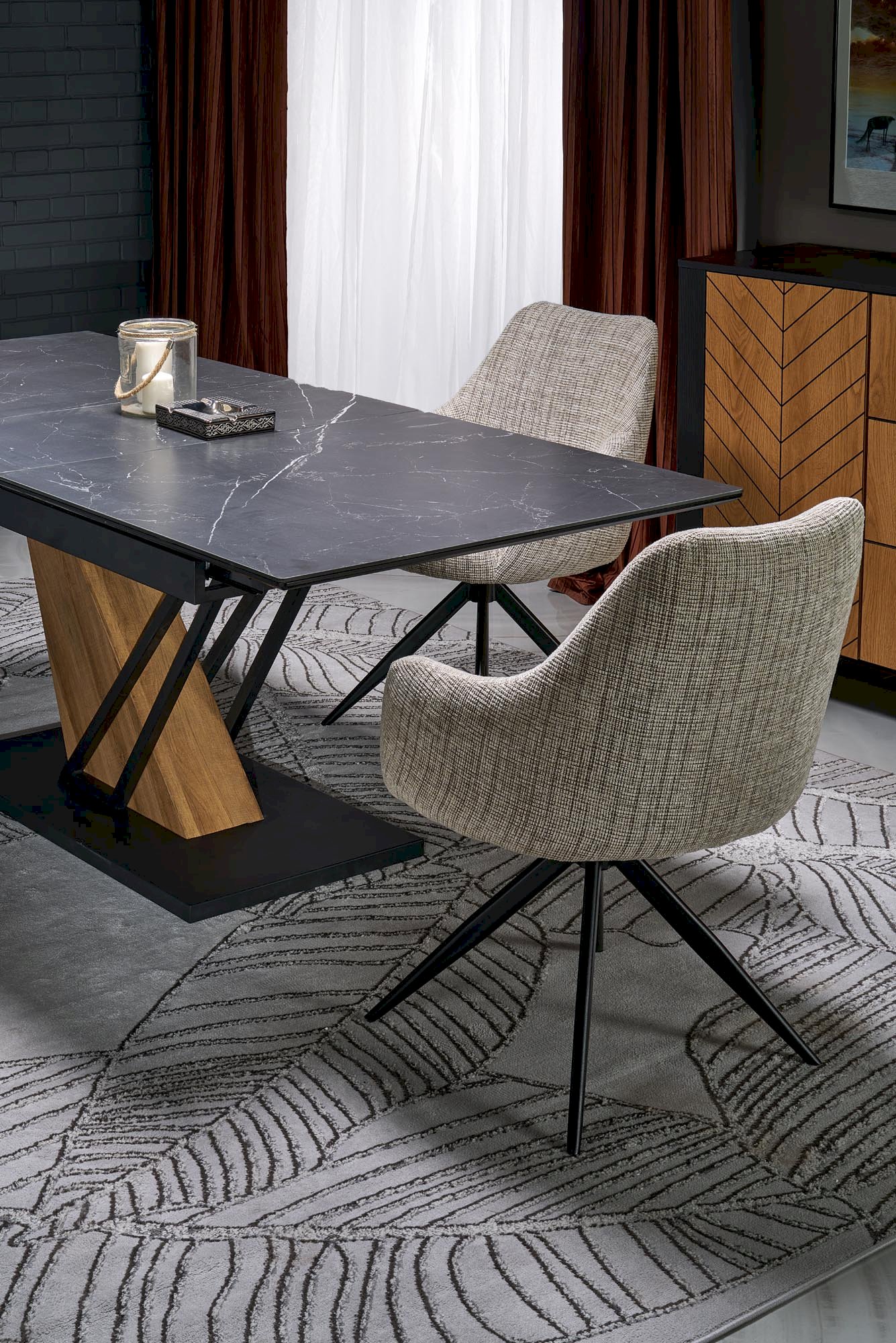 VOLANT 160 stół rozkładany, blat - czarny marmur, nogi - dąb złoty / czarny