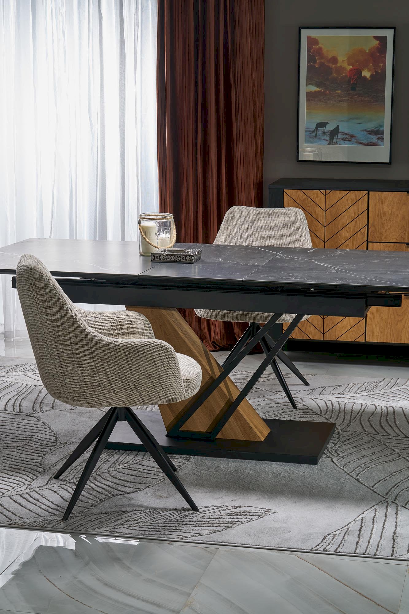 VOLANT 140 stół rozkładany, blat - czarny marmur, nogi - dąb złoty / czarny