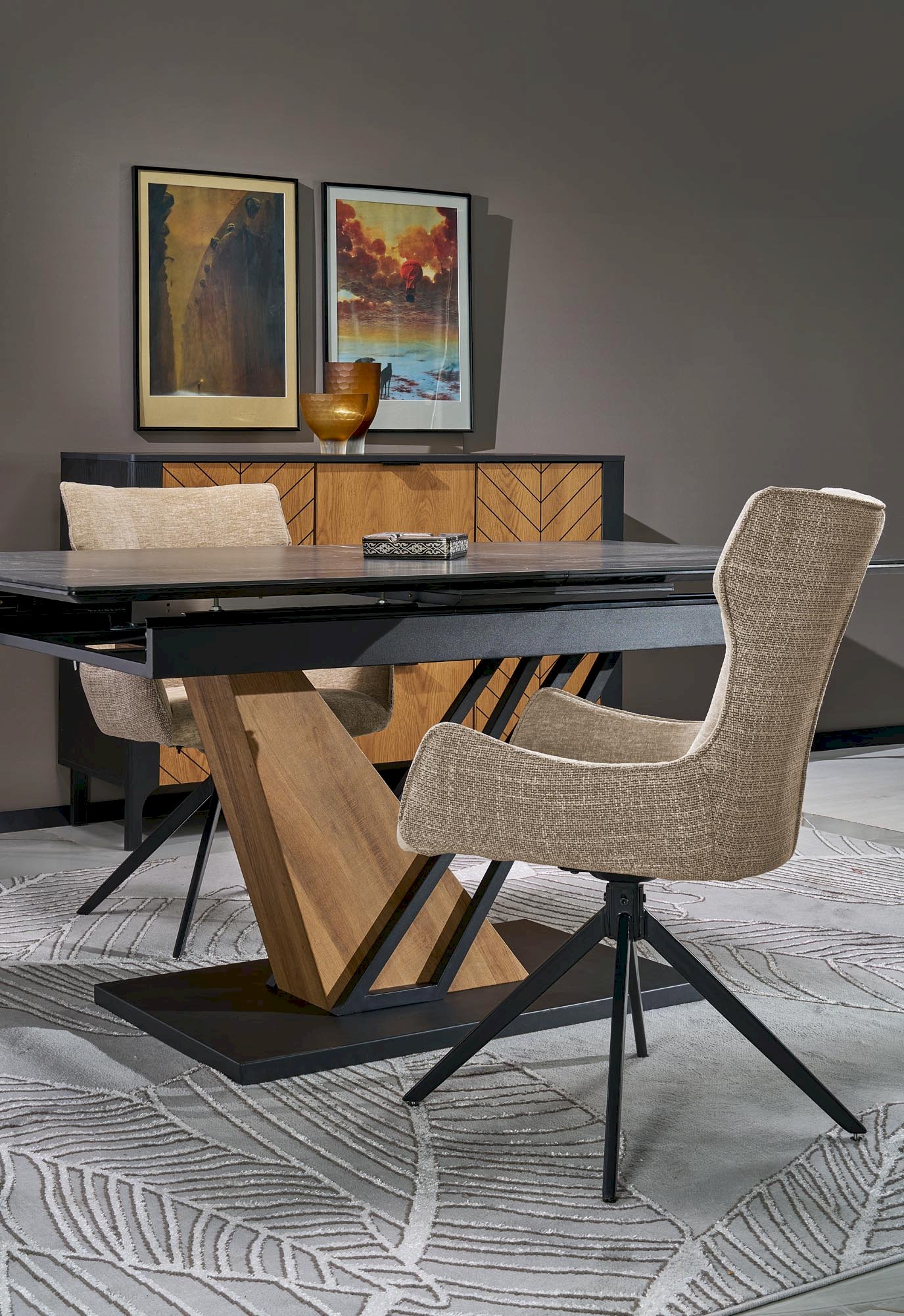 VOLANT 140 stół rozkładany, blat - czarny marmur, nogi - dąb złoty / czarny