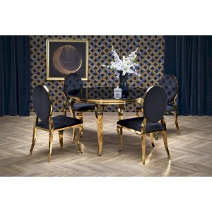 REGINALD_2 stół okrągły blat - szkło czarny, nogi - złoty