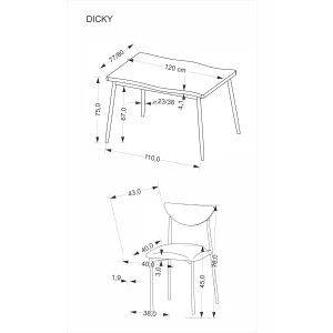 DICKY zestaw stół + 4 krzesła,  naturalny / czarny / popielaty