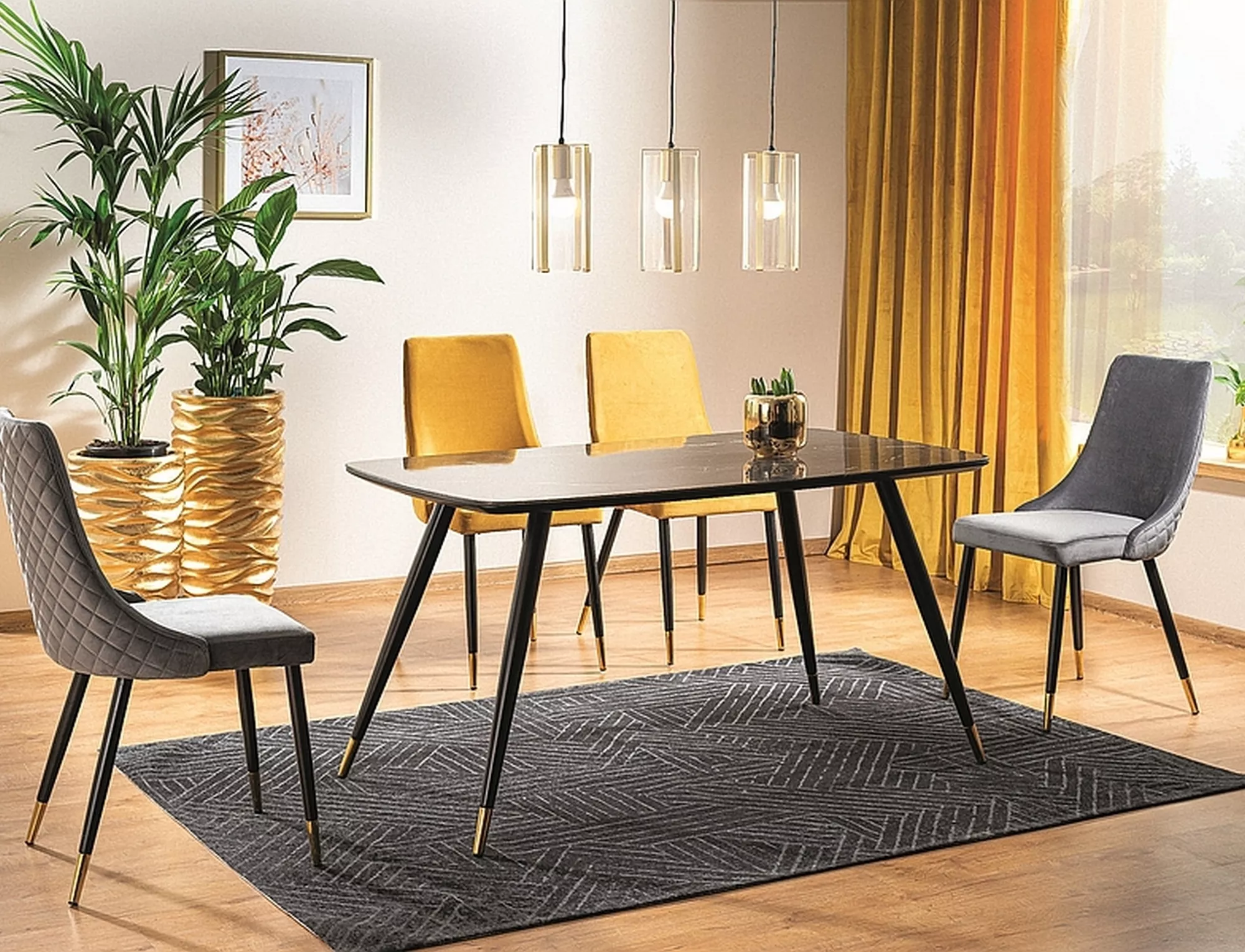 Stół cyryl i czarny efekt kamienia/czarny/złoty stleaż 140x80